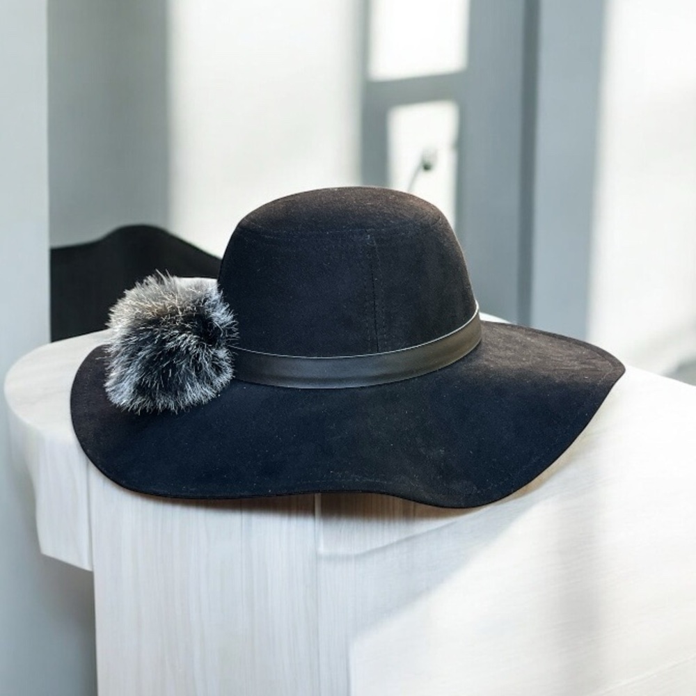 Rampage Elegant Black Wide-Brim Hat with Faux Fur Pom